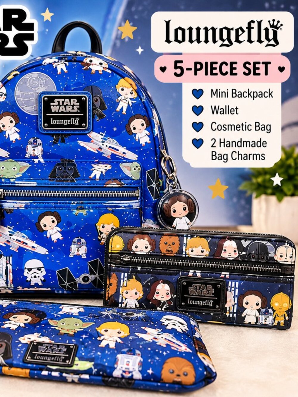 Loungefly Star Wars Chibi Backpack Set w/ Wallet, Cosmetic Bag & 2 Charms